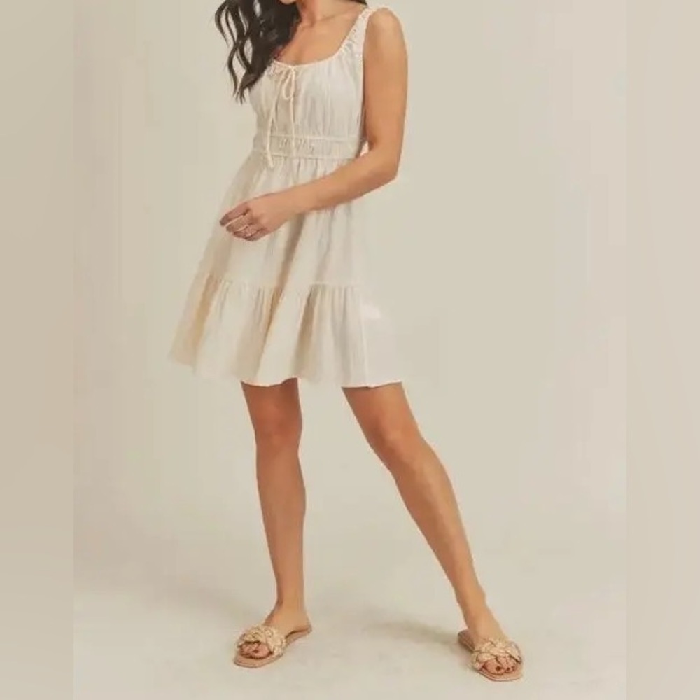 Lush Textured Smocked Waist Mini Sundress in Cream